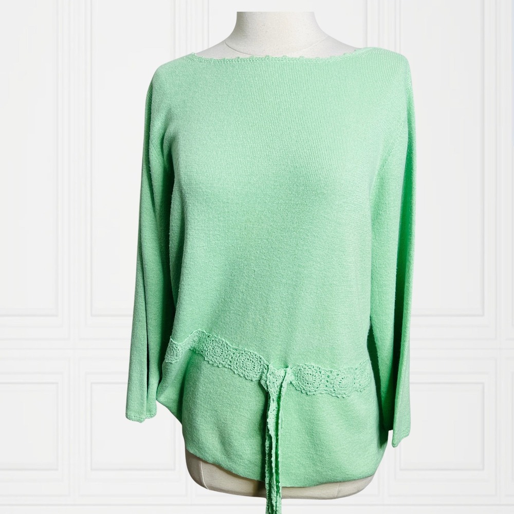Sag‎ Harbor Womens Large Green Knit Crochet Lace Tie Waist Boat Neck Sweater VTG